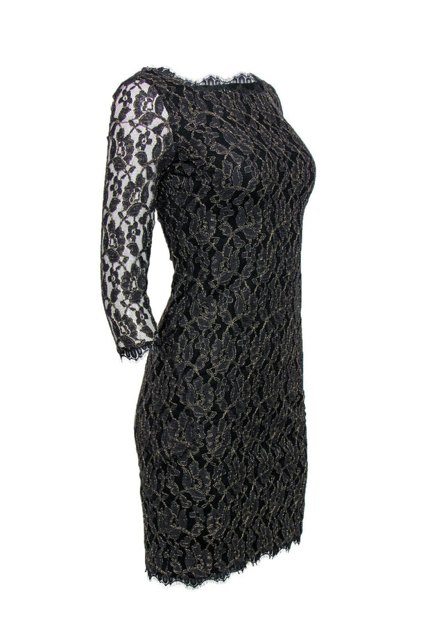 Current Boutique-Diane von Furstenberg - Black & Gold Lace Sheath Dress Sz 2