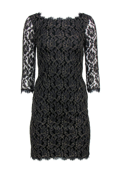 Current Boutique-Diane von Furstenberg - Black & Gold Lace Sheath Dress Sz 2