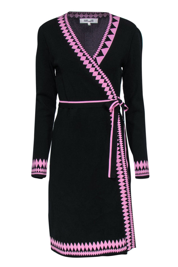 Current Boutique-Diane von Furstenberg - Black Knit Wrap Dress w/ Pink Trim Sz M