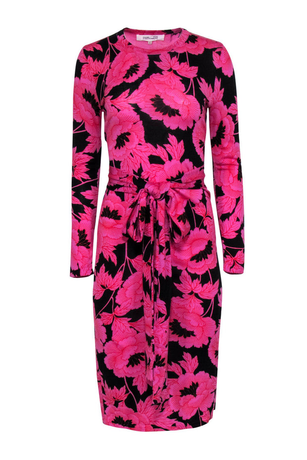 Current Boutique-Diane von Furstenberg - Black & Pink Floral Knit Dress w/ Waist Tie Sz S