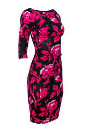 Current Boutique-Diane von Furstenberg - Black & Pink Rose Print Silk Midi Dress Sz 2