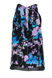 Current Boutique-Diane von Furstenberg - Black, Purple & Blue Pleated Silk Floral Tank Sz S