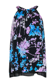 Current Boutique-Diane von Furstenberg - Black, Purple & Blue Pleated Silk Floral Tank Sz S