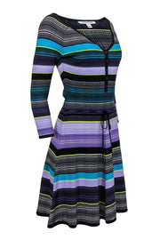 Current Boutique-Diane von Furstenberg - Black & Purple Silk Blend Long Sleeve Striped Shift Dress Sz S