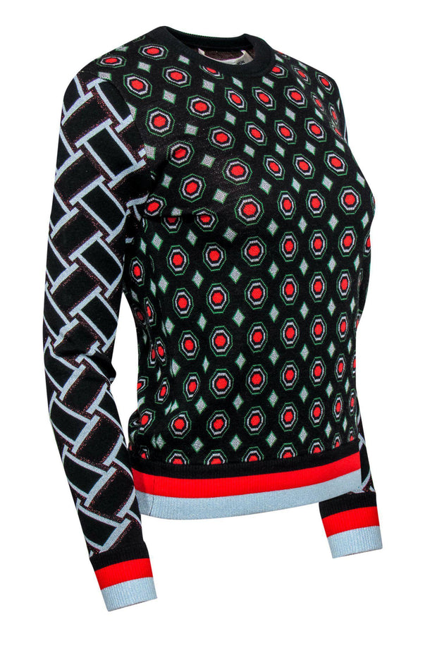 Current Boutique-Diane von Furstenberg - Black, Red & Green Multi-Printed Sparkly Sweater Sz XXS