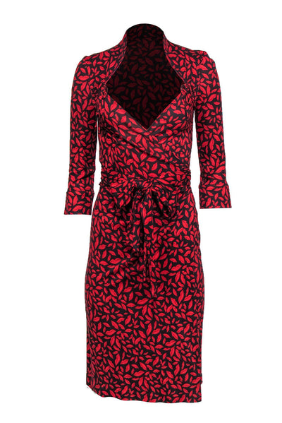 Current Boutique-Diane von Furstenberg - Black & Red Lip Print Long Sleeve Silk Wrap Dress Sz 8