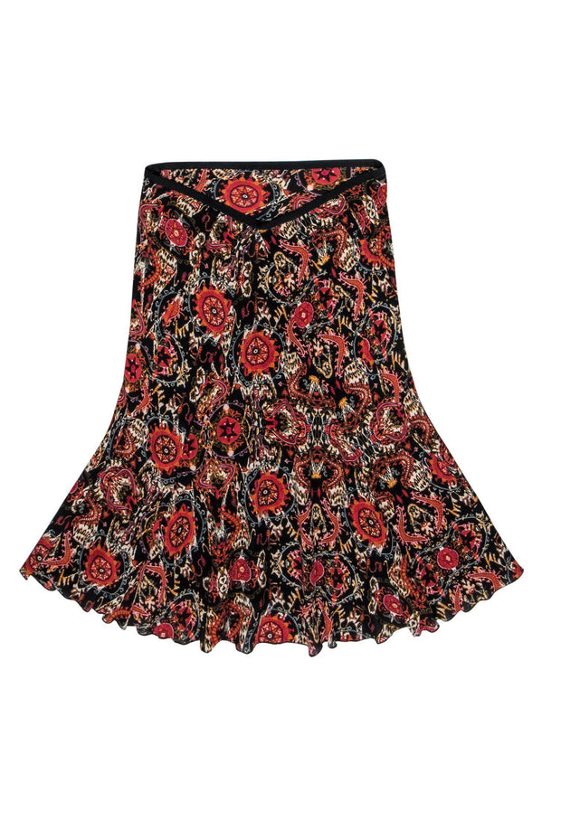 Current Boutique-Diane von Furstenberg - Black, Red & Orange Bohemian Print Silk Midi Skirt Sz 6