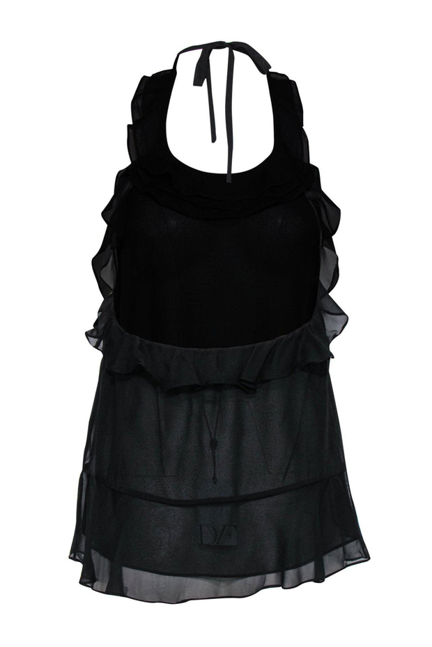 Current Boutique-Diane von Furstenberg - Black Ruffle Sheer Silk Halter Tank Sz P