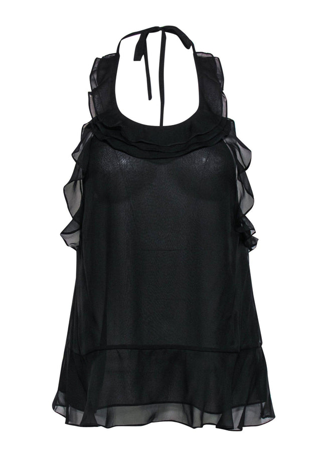 Current Boutique-Diane von Furstenberg - Black Ruffle Sheer Silk Halter Tank Sz P