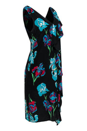 Current Boutique-Diane von Furstenberg - Black Satin Sleeveless Floral Dress w/ Flounce Detail Sz 10