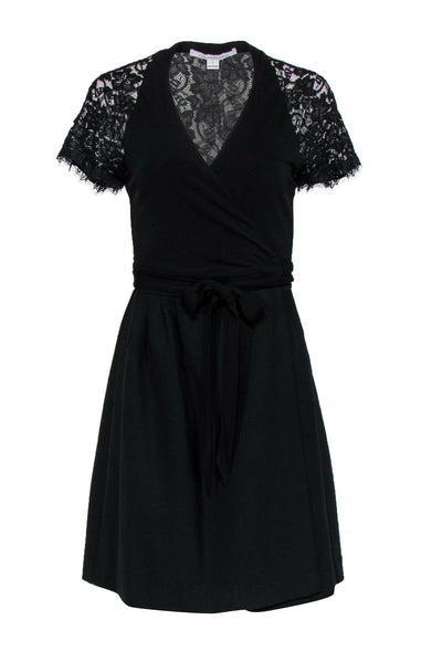 Current Boutique-Diane von Furstenberg - Black Short Sleeve "Elizabeth" Wrap Dress w/ Lace Trim Sz 6