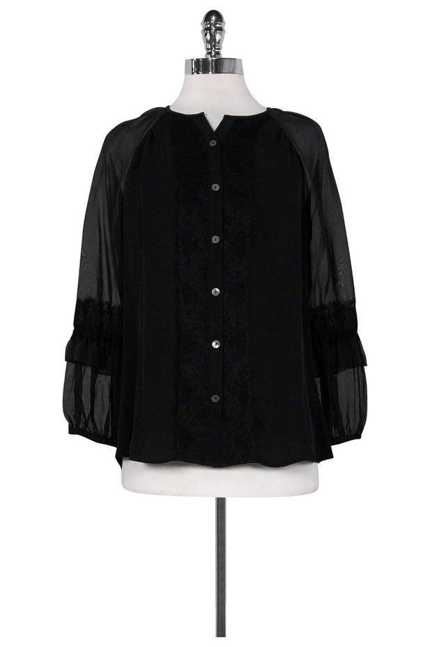 Current Boutique-Diane von Furstenberg - Black Silk Top w/ Lace Trim Sz 4