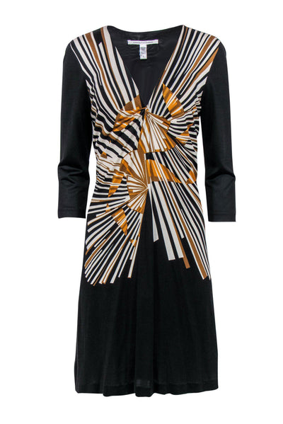 Current Boutique-Diane von Furstenberg - Black & Tan Sunburst Patterned Silk Dress Sz 10