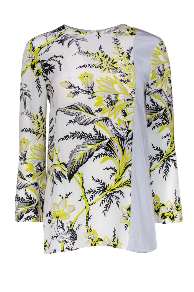 Current Boutique-Diane von Furstenberg - Black, White & Yellow Floral Silk Top Sz 2