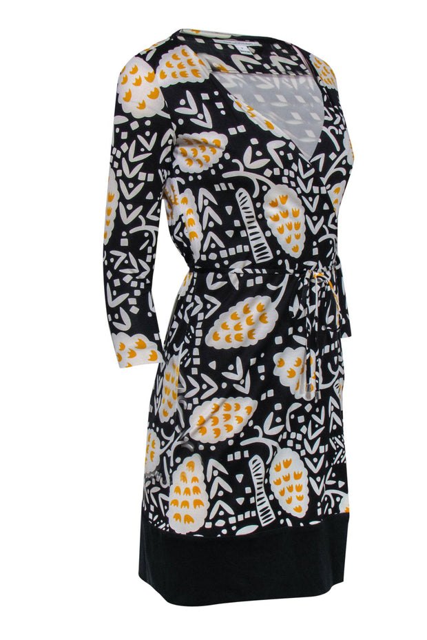 Current Boutique-Diane von Furstenberg - Black, Yellow, & White Printed Wrap Mini Dress Sz 2