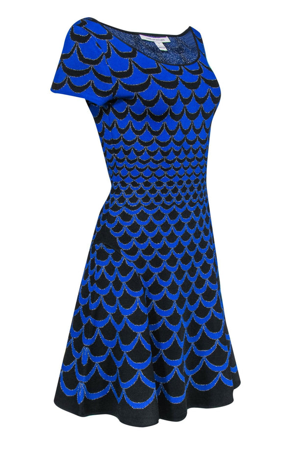 Current Boutique-Diane von Furstenberg - Blue, Black & Silver Scalloped Print Fit & Flare Dress Sz S