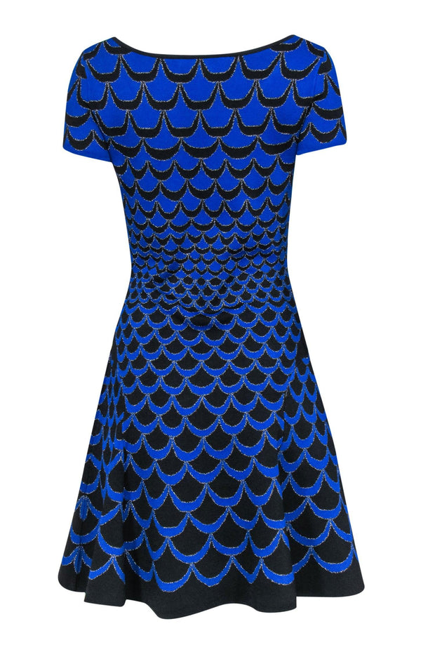 Current Boutique-Diane von Furstenberg - Blue, Black & Silver Scalloped Print Fit & Flare Dress Sz S