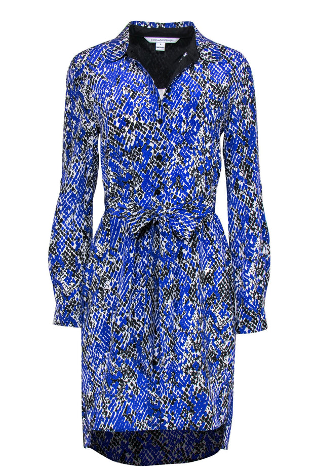 Current Boutique-Diane von Furstenberg - Blue, Black & White Snakeskin Print Silk Shirtdress Sz 6