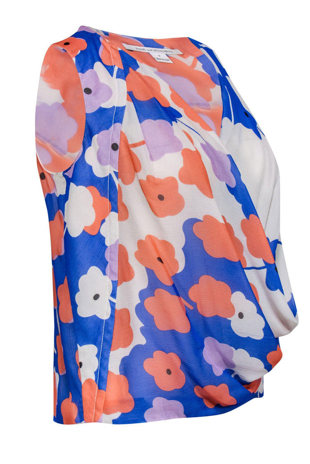 Current Boutique-Diane von Furstenberg - Blue Floral Silk Draped Sleeveless Top Sz 0