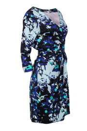 Current Boutique-Diane von Furstenberg - Blue, Green & Black Floral Print Long Sleeve Wrap Dress Sz 10