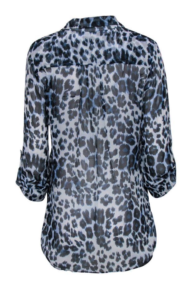 Current Boutique-Diane von Furstenberg - Blue Leopard Print Sheer Button-Up Long Sleeve Silk Blouse Sz 10