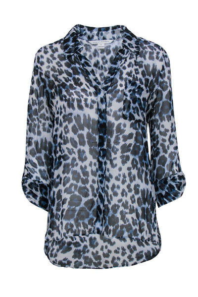 Current Boutique-Diane von Furstenberg - Blue Leopard Print Sheer Button-Up Long Sleeve Silk Blouse Sz 10