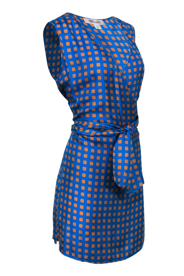 Current Boutique-Diane von Furstenberg - Blue & Orange Square Print Faux Wrap Dress Sz M