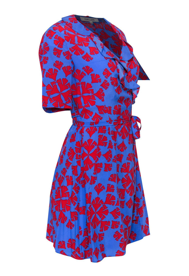 Current Boutique-Diane von Furstenberg - Blue & Red Silk Wrap Dress w/ Abstract Damask Pattern Sz 0