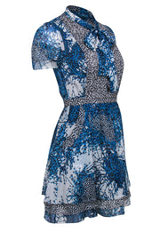 Current Boutique-Diane von Furstenberg - Blue & White Bead Printed Ruffled Tie Neck Dress Sz 0