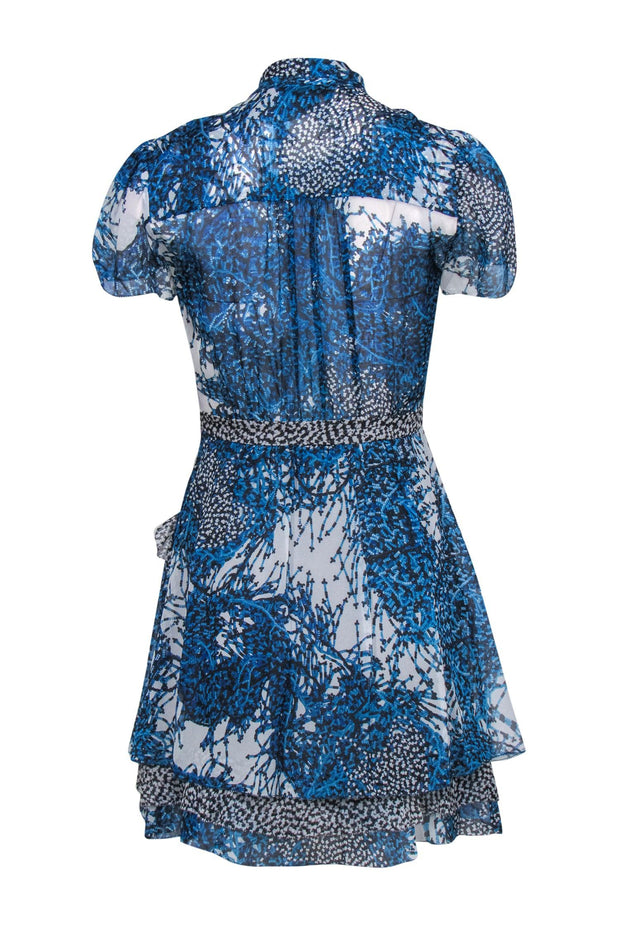 Current Boutique-Diane von Furstenberg - Blue & White Bead Printed Ruffled Tie Neck Dress Sz 0