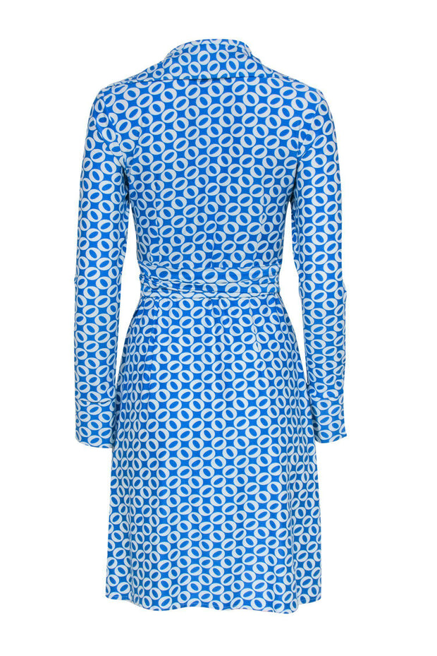 Current Boutique-Diane von Furstenberg - Blue & White Circle Print Long Sleeve Silk Wrap Dress Sz 2