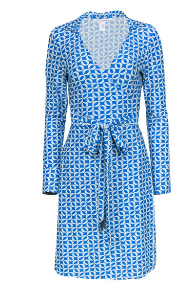 Current Boutique-Diane von Furstenberg - Blue & White Circle Print Long Sleeve Silk Wrap Dress Sz 2