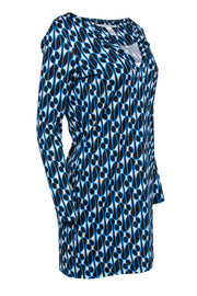 Current Boutique-Diane von Furstenberg - Blue & White Patterned Long Sleeve Silk Dress Sz 8