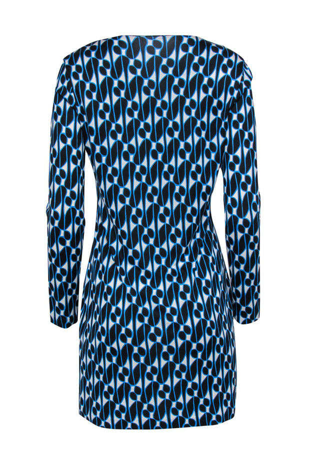 Current Boutique-Diane von Furstenberg - Blue & White Patterned Long Sleeve Silk Dress Sz 8