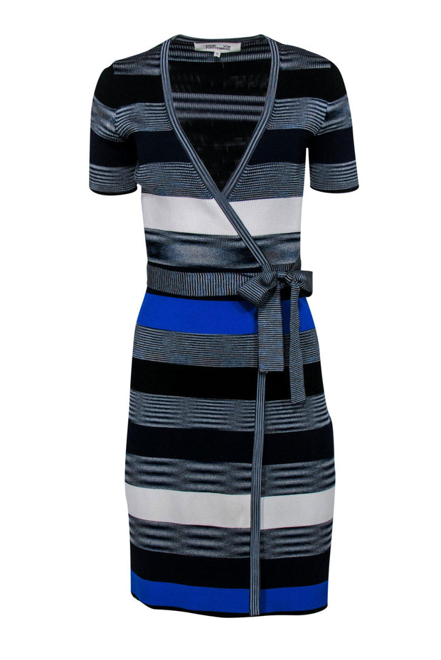 Current Boutique-Diane von Furstenberg - Blue & White Striped Short Sleeve Wrap Dress Sz XS