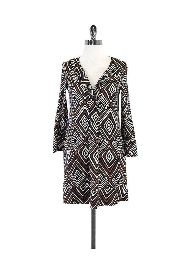 Current Boutique-Diane von Furstenberg - Brown & White Geo Print Silk Dress Sz 2