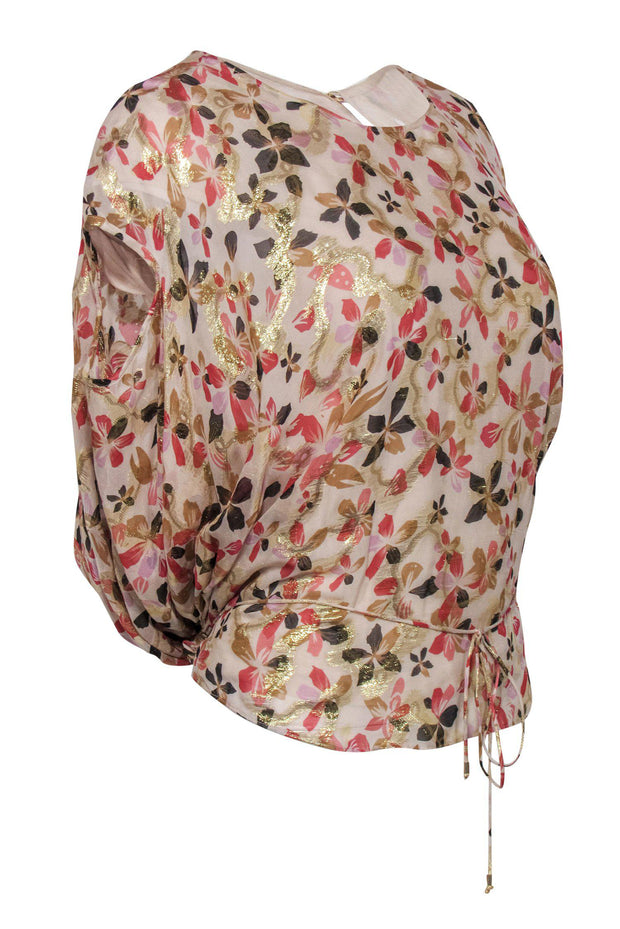 Current Boutique-Diane von Furstenberg - Cream, Gold & Pink Floral Drawstring Top Sz S