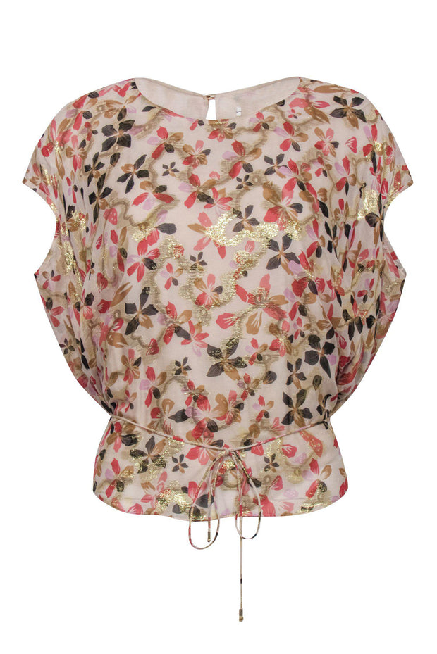 Current Boutique-Diane von Furstenberg - Cream, Gold & Pink Floral Drawstring Top Sz S