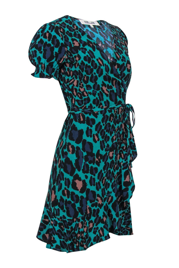 Current Boutique-Diane von Furstenberg - Dark Teal & Multicolor Leopard Print Puff Sleeve Wrap Dress Sz XS