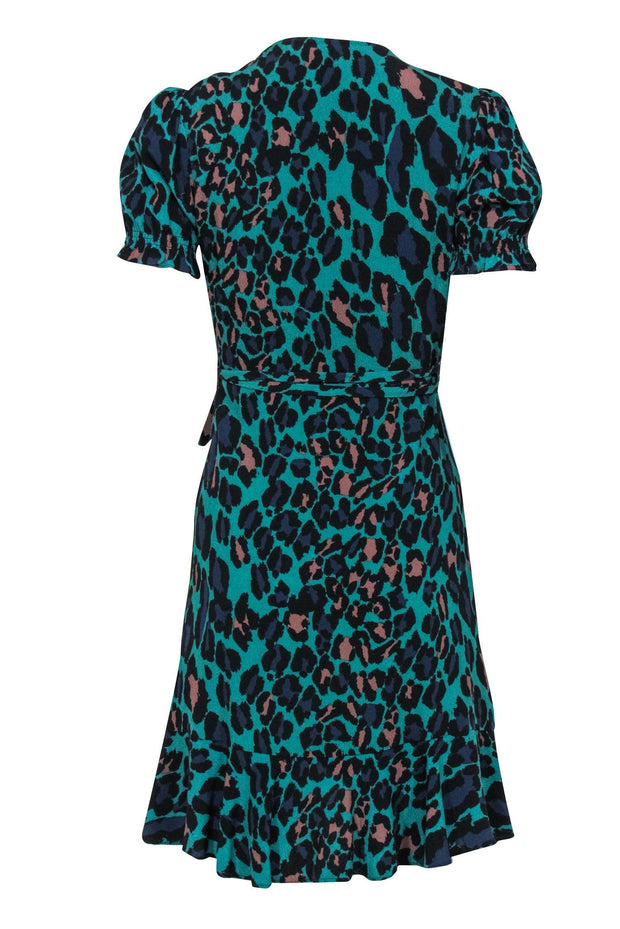 Current Boutique-Diane von Furstenberg - Dark Teal & Multicolor Leopard Print Puff Sleeve Wrap Dress Sz XS