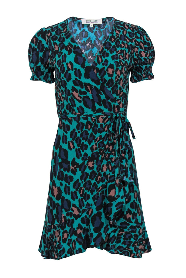 Current Boutique-Diane von Furstenberg - Dark Teal & Multicolor Leopard Print Puff Sleeve Wrap Dress Sz XS