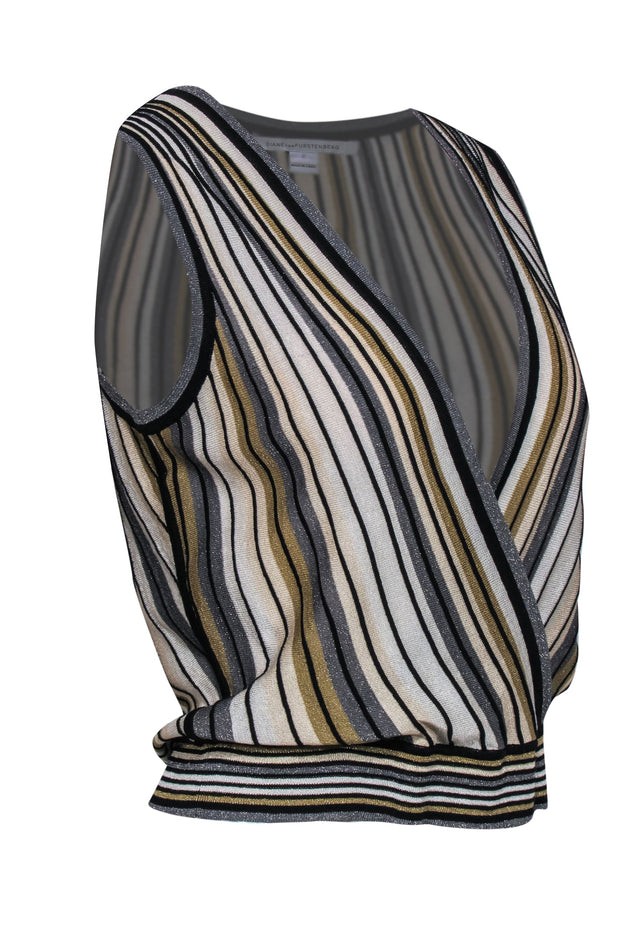 Current Boutique-Diane von Furstenberg - Gold, Black, & Grey Glitter Knit Surplice Top Sz P