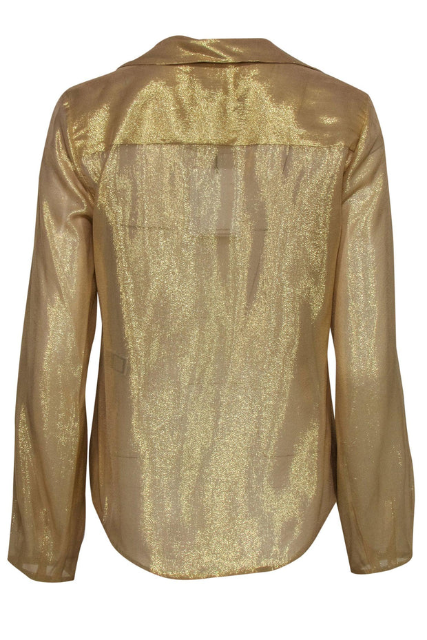 Current Boutique-Diane von Furstenberg - Gold Metallic Silk Button-Up Blouse Sz 8