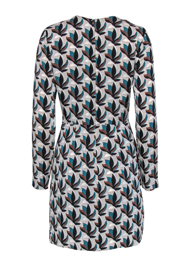 Current Boutique-Diane von Furstenberg - Gray & Teal Leaf Printed Silk Dress w/ Bow Sz 4