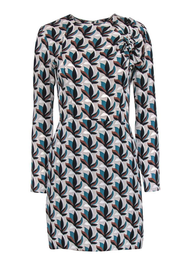 Current Boutique-Diane von Furstenberg - Gray & Teal Leaf Printed Silk Dress w/ Bow Sz 4