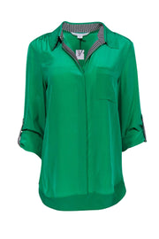 Current Boutique-Diane von Furstenberg - Green Button Down Blouse w/ Black & White Striped Trim Sz 10