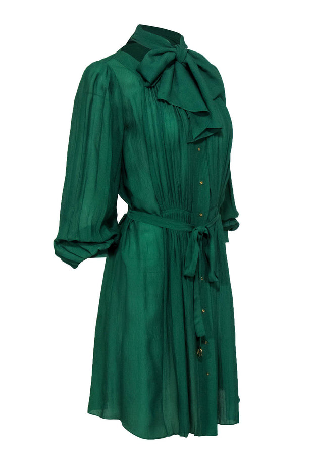 Current Boutique-Diane von Furstenberg - Green Long Sleeve Belted Button-Up Silk Dress w/ Pleating Sz 6