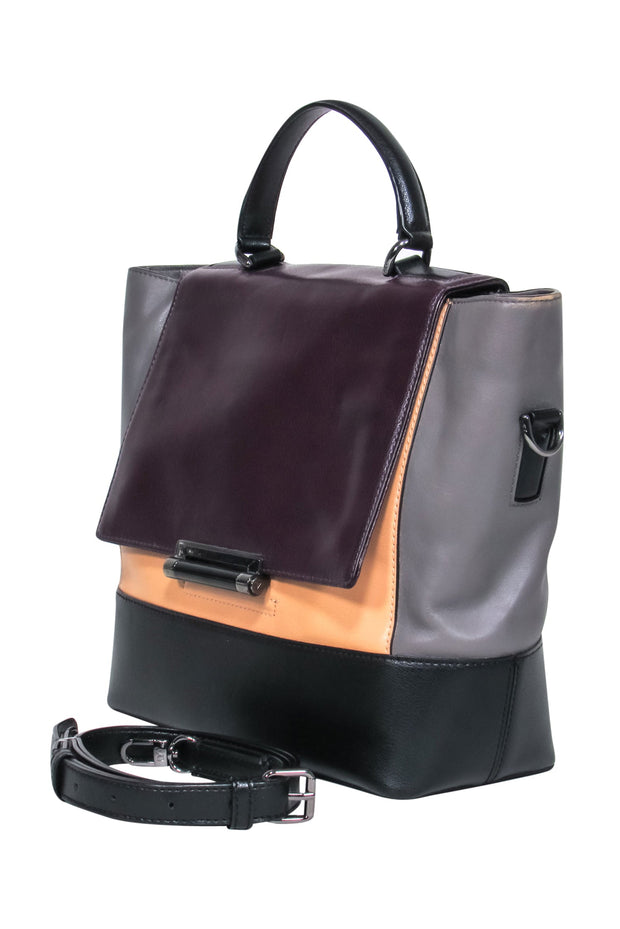 Current Boutique-Diane von Furstenberg - Grey, Black, Beige & Deep Purple Colorblocked Leather Convertible Satchel