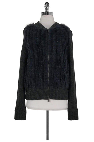 Current Boutique-Diane von Furstenberg - Grey Rabbit Fur Trim Cardigan Sz M