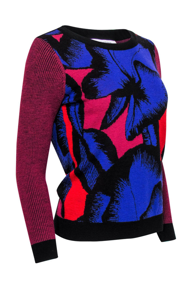 Current Boutique-Diane von Furstenberg - Indigo, Red & Pink Large Floral Print Wool Sweater Sz M